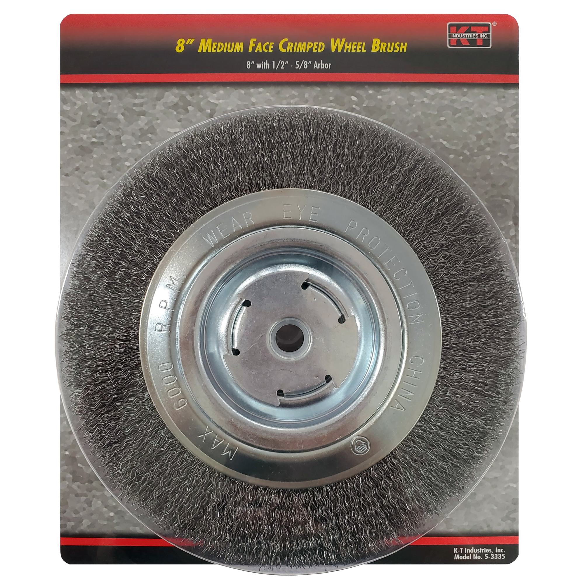 K-T Industries Wheel Brush — 8in., Medium, 1/2in. - 5/8in. Arbor, 6000 RPM, Model# 5-3335
